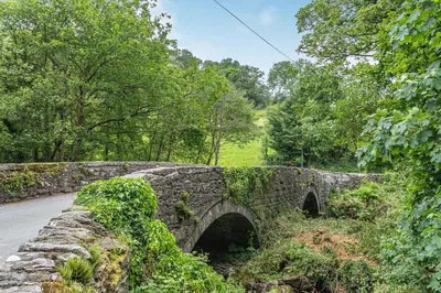 an old stone bridge with ivy on the side of a road at Waedog Bach in Llanfor