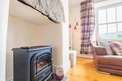 a living room with a fireplace and a couch at Waedog Bach in Llanfor