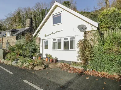 a white house with a fence and a driveway at Bryn Melyn Artist's Cottage in Llanelltyd
