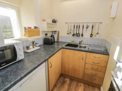 a kitchen with a sink and a microwave at Bryn Melyn Artist's Cottage in Llanelltyd