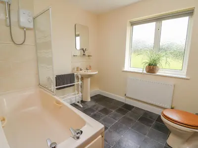 a bathroom with a tub and a toilet and a sink at Pheasant Wood in Llandrindod Wells