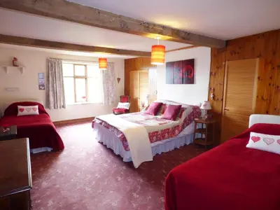 a bedroom with two beds with red sheets at Arllen Fawr in Pen-y-bont-fawr