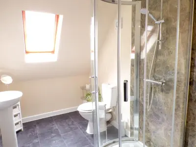 a bathroom with a shower and a toilet at Penylodge in Builth Wells