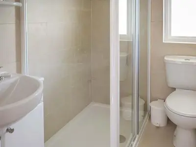 a bathroom with a shower and a toilet and a sink at 73-The Lodge in Llanina