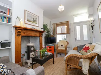 a living room with a fireplace and a couch at 7 Bell Street in Talgarth