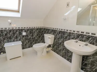 a bathroom with a toilet and a sink at Awel Y Llan in Llanfair