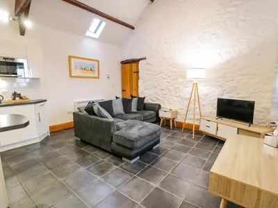 a living room with a couch and a tv at Cornel Glyd in Dyffryn