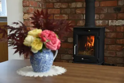 a vase with flowers on a table in front of a fireplace at Maen Llwyd in Llanyre