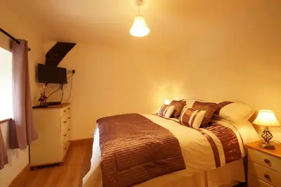 a bedroom with a bed and a television in it at Degwm in Llanwrin