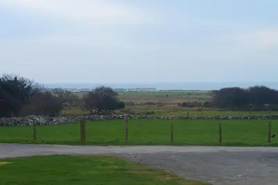 a field with a fence and a herd of sheep at Enlli Lodge in Llanddwywe