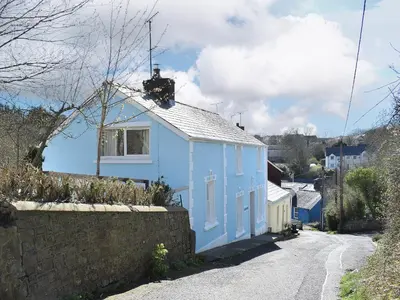 a blue house on the side of a street at Delfryn in Llanarth