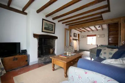 a living room with a couch and a fireplace at Riverside Cottage in Llangollen