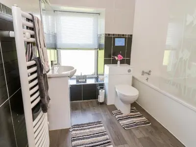 a bathroom with a toilet and a sink at Tyddyn in Dyffryn