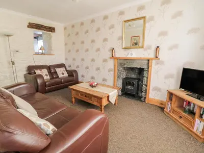 a living room with a couch and a fireplace at Tyddyn in Dyffryn