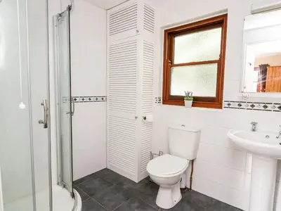 a white bathroom with a toilet and a sink at Penlon in Aberystwyth