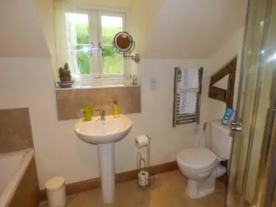 a bathroom with a sink and a toilet and a window at The Old Mill in Llanfihangel Rhydithon