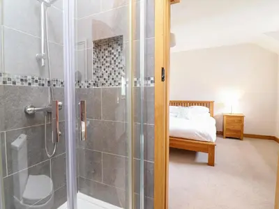 a bathroom with a shower and a bedroom with a bed at Ty Gwyn in Llangwm