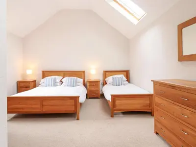 a bedroom with two beds and a skylight at Ty Gwyn in Llangwm
