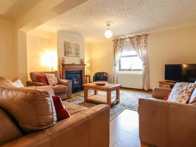 a living room with two couches and a tv at Ty Newydd in Pont Dolanog