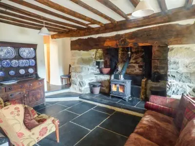 a living room with a stone fireplace and a couch at Tyn Llwyn in Dolgellau