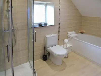 a bathroom with a toilet and a shower and a tub at Rose Cottage in Winforton