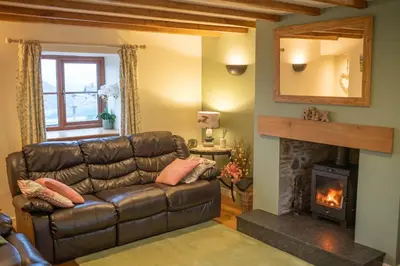 a living room with a leather couch and a fireplace at Tyn Llwyn in Llangollen