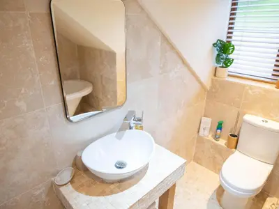 a bathroom with a sink and a toilet and a mirror at Tyn Llwyn in Llangollen