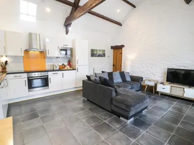 a living room with a couch and a tv at Bwthyn Bach in Llanddwywe