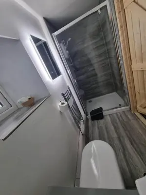 a small bathroom with a toilet and a shower at The Harp Inn in Glasbury
