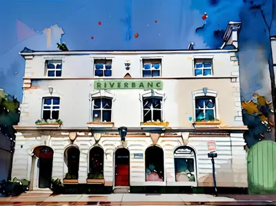 a drawing of a white building with a sign on it at RIVERBANC in Llangollen