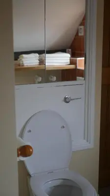 a bathroom with a white toilet with a mirror at The Keep in Ludlow