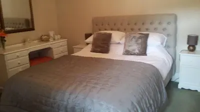 a bedroom with a bed with a dresser and a mirror at The Draen Bed and Breakfast in Brecon