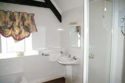 a white bathroom with a sink and a shower at Plas Coch Hotel Ltd in Bala