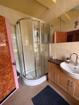 a bathroom with a shower and a sink at Green Dragon LUDLOW in Ludlow