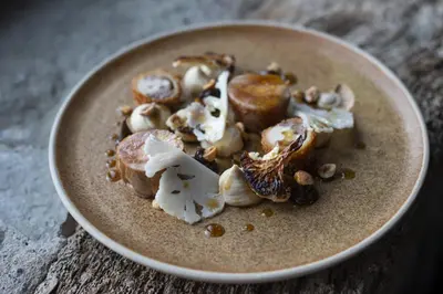 a plate of food with mushrooms on a table at Old Downton Lodge in Downton