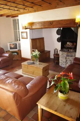 a living room with a leather couch and a fireplace at Llanerchindda Farm Guest House in Cynghordy