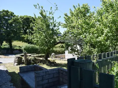 a fence with a tree in a yard at Ty Nant in Llanon