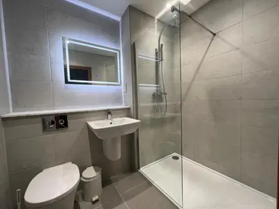 a bathroom with a toilet and a sink and a shower at Penrhos Park in Aberystwyth