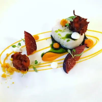 a plate of food with a desert on it at Fishmore Hall Hotel and Boutique Spa in Ludlow