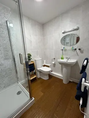 a bathroom with a shower and a toilet and a sink at Castle Inn in Knighton