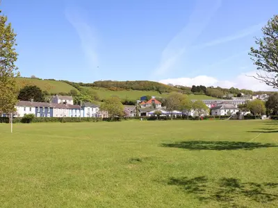 a large green field with houses in the background at Blaenywawr Annexe in Cross Inn