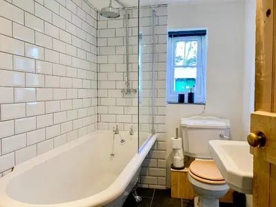 a bathroom with a tub and a toilet and a sink at Pant Dafydd Goch in Glyn-Ceiriog