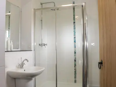 a bathroom with a shower with a sink and a sink at Acorn Cottage 2 in Petton