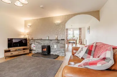 a living room with a couch and a fireplace at 3 Bed in Bala oc-bow26 in Llanuwchllyn