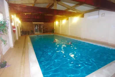 a pool with two people swimming in the water at Seven Stars in Hay-on-Wye