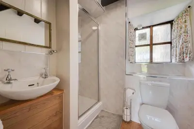 a bathroom with a sink and a toilet and a shower at 3 Bed in Dolgellau oc-wah569 in Llanfachreth
