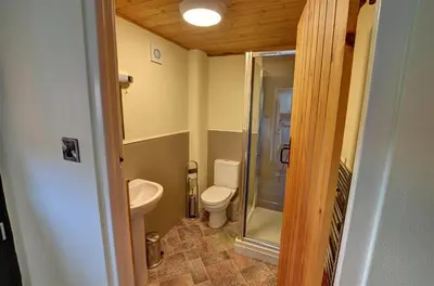 a small bathroom with a toilet and a shower at 2 Bed in Llandinam oc-waa377 in Llandinam