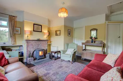 a living room with a couch and a fireplace at 3 Bed in Llangollen oc-waf216 in Glyn-Ceiriog