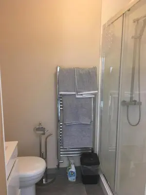 a bathroom with a shower and a toilet and towels at Victorian Church Flat 3 in Oswestry