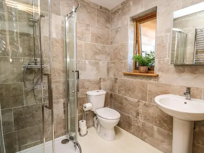 a bathroom with a shower and a toilet and a sink at The Firs in Llanidloes